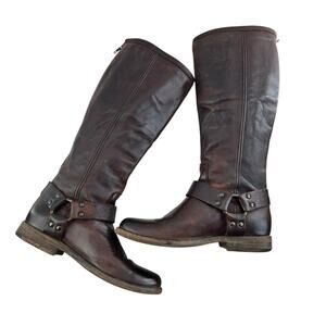 Frye Riding Boots Women 5.5 Phillip Back Zip Brown Leather Extended Calf Harness
